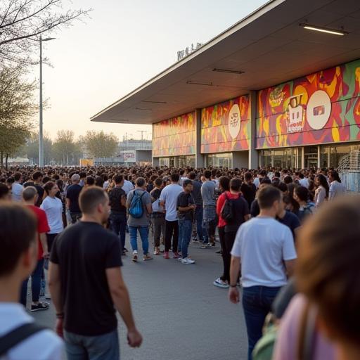 Queue outside a popular Expo pavilion.