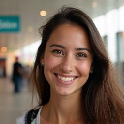 Smiling visitor Maria at Expo entrance.