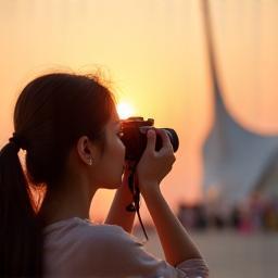 Mei photographing pavilion at sunset.