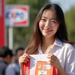 Satomi smiling with expo merch.